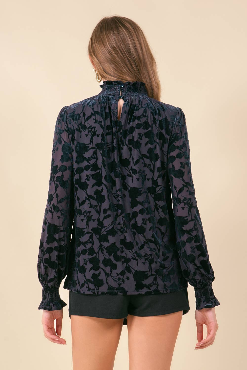 Smocked Mock Neck Velvet Top