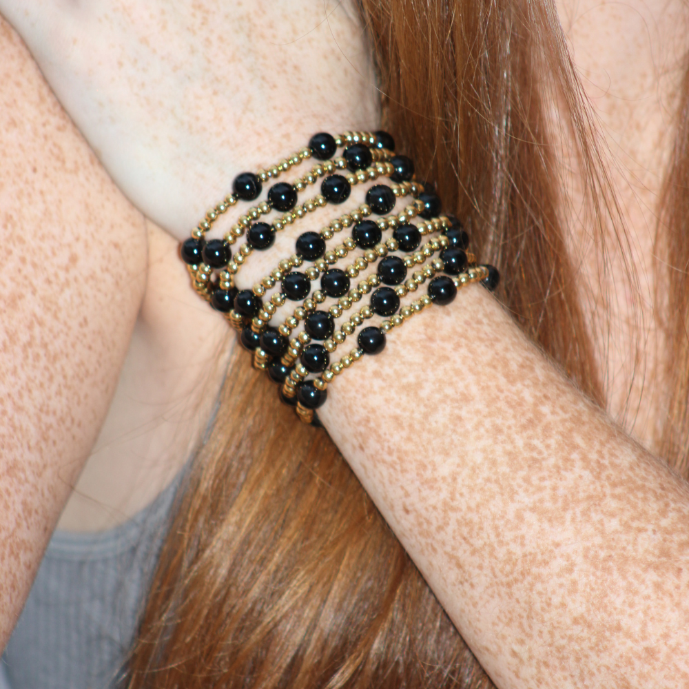 Black Agate Gemstone Beaded Bracelet ~ 18k Gold Plated