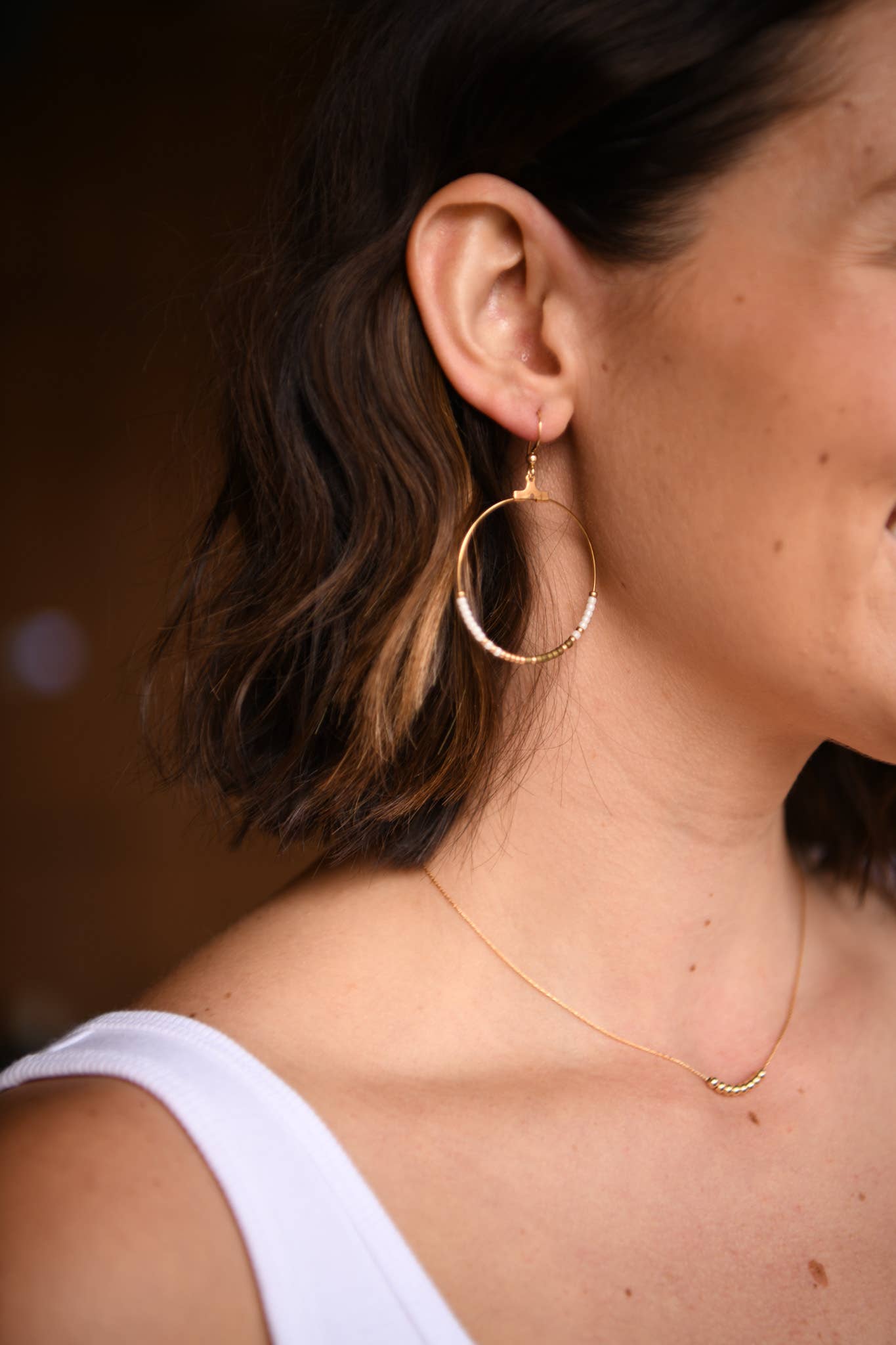 Seed Bead Hoop Earring: White