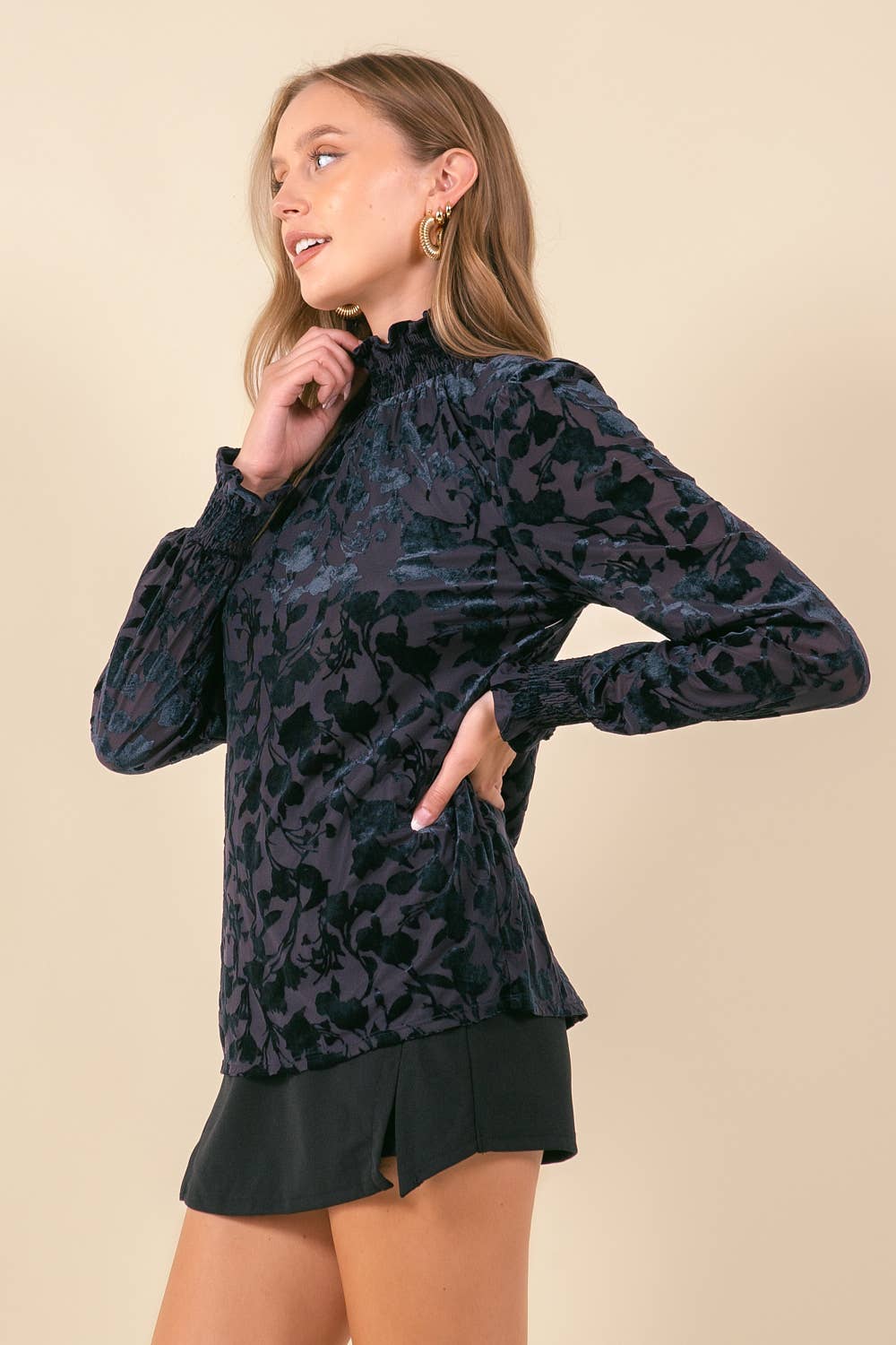Smocked Mock Neck Velvet Top