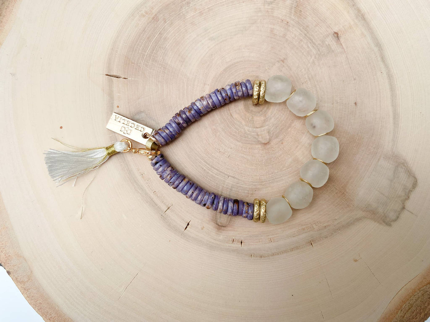 Recycled Glass Bracelets: Purple Clear Recycled Glass Bead Bracelet